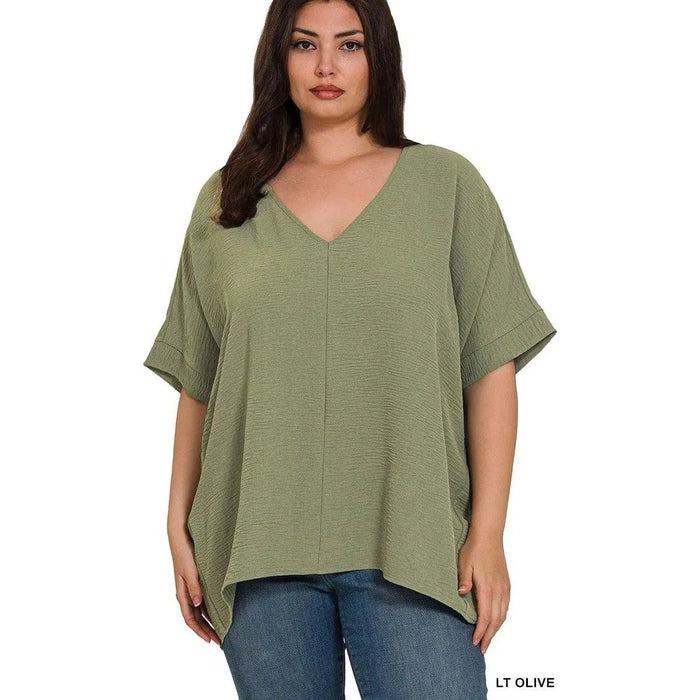 Plus Woven Airflow V - neck Dolman Short Sleeve Top - LECCE