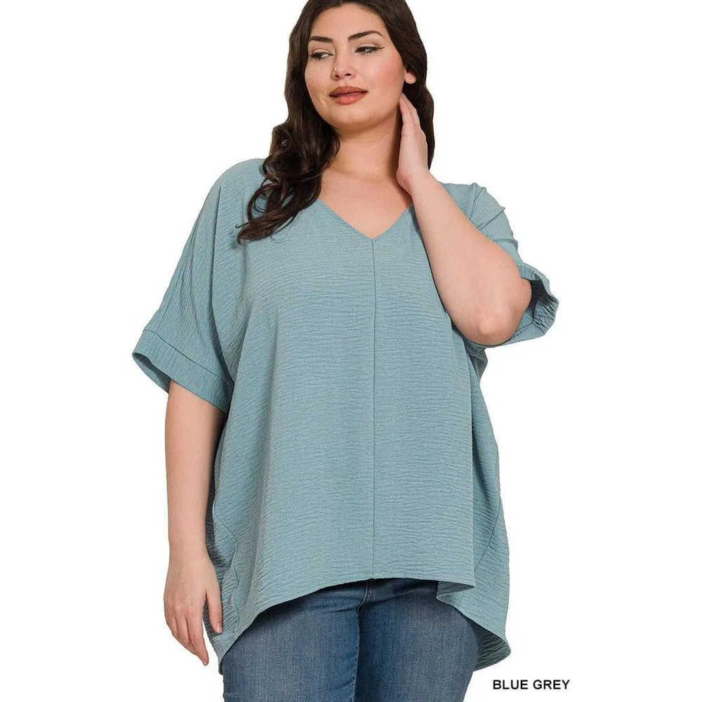 Plus Woven Airflow V - neck Dolman Short Sleeve Top - LECCE
