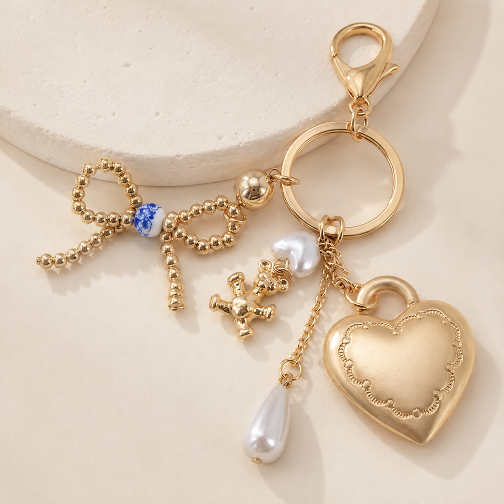 Porcelain Bow Heart Teddy Bear Pearl Bag Charm
