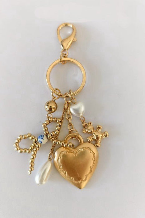 Porcelain Bow Heart Teddy Bear Pearl Bag Charm - LECCE