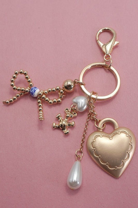 Porcelain Bow Heart Teddy Bear Pearl Bag Charm - LECCE