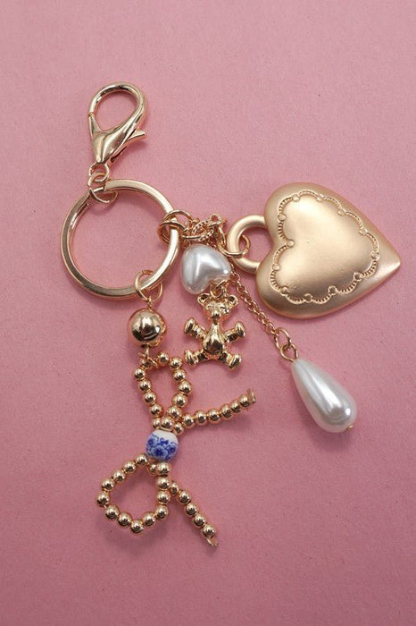 Porcelain Bow Heart Teddy Bear Pearl Bag Charm - LECCE