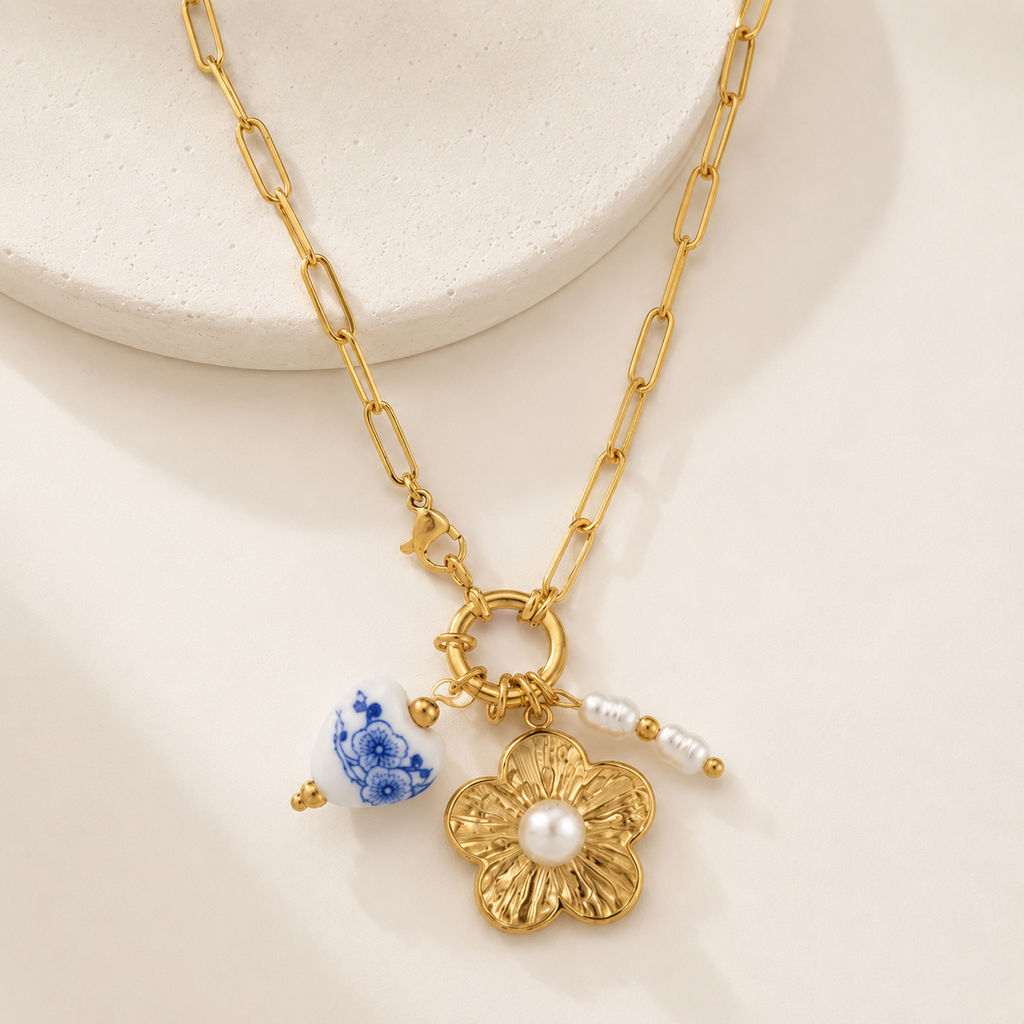 18K Gold Porcelain Heart & Flower Charm Station Necklace