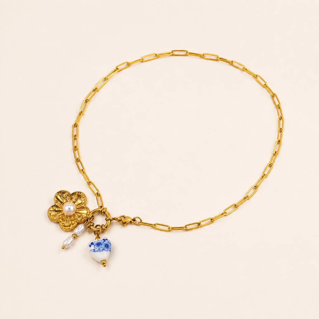 18K Gold Porcelain Heart & Flower Charm Station Necklace