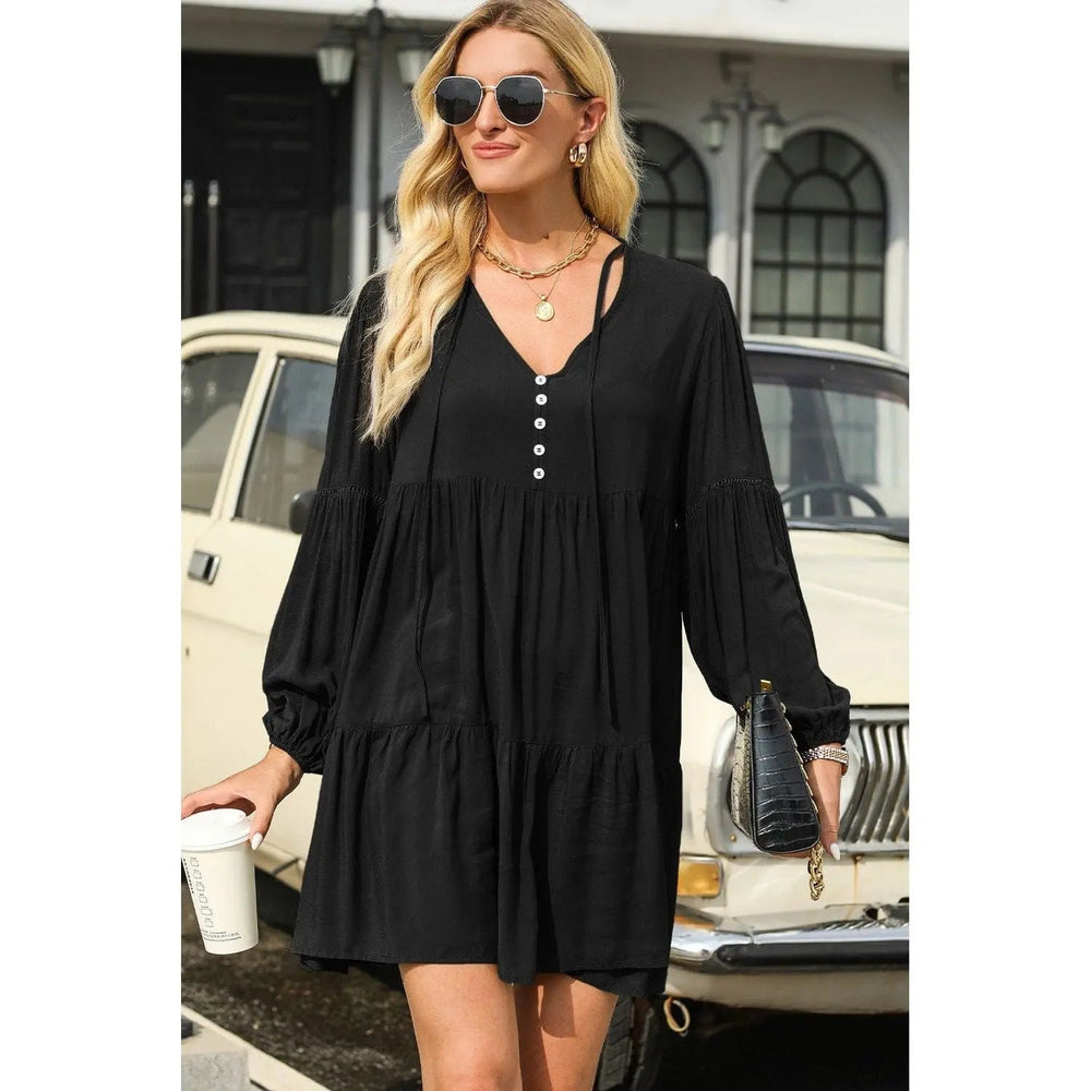 Puff Sleeve Buttoned Tiered Ruffled Mini Dress - LECCE