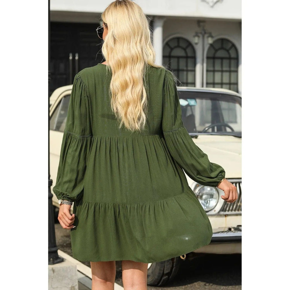 Puff Sleeve Buttoned Tiered Ruffled Mini Dress - LECCE
