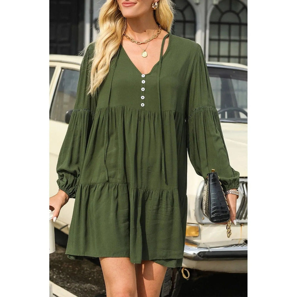 Puff Sleeve Buttoned Tiered Ruffled Mini Dress - LECCE