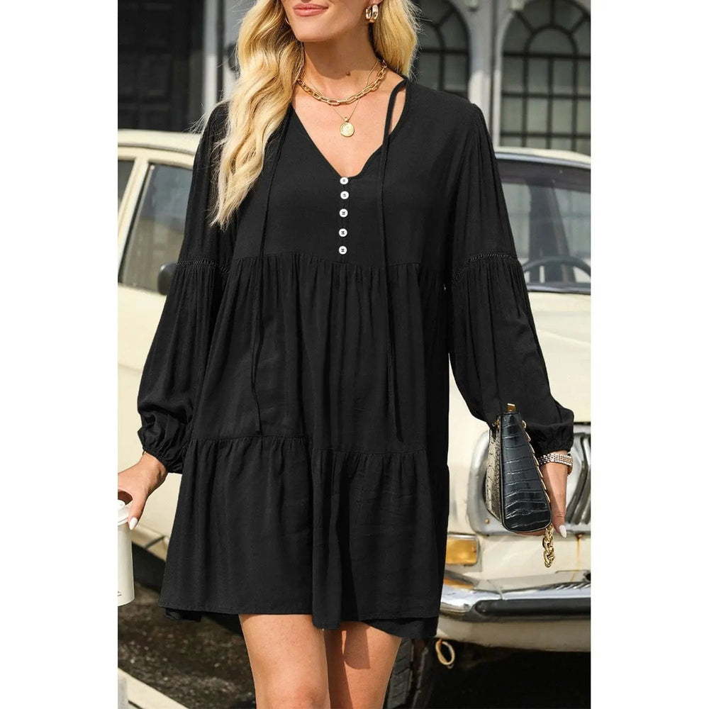 Puff Sleeve Buttoned Tiered Ruffled Mini Dress - LECCE