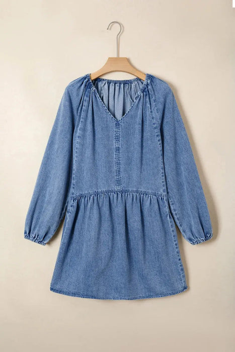 Puff Sleeve V Neck Ruffled Denim Dress - LECCE