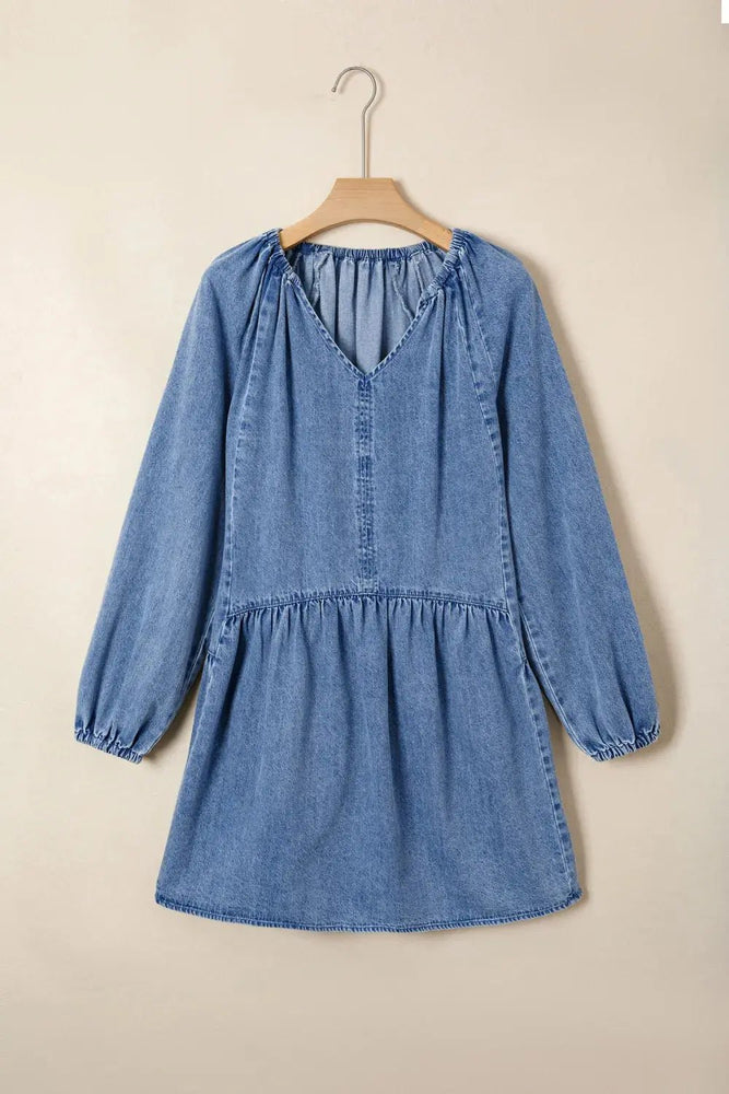 Puff Sleeve V Neck Ruffled Denim Dress - LECCE