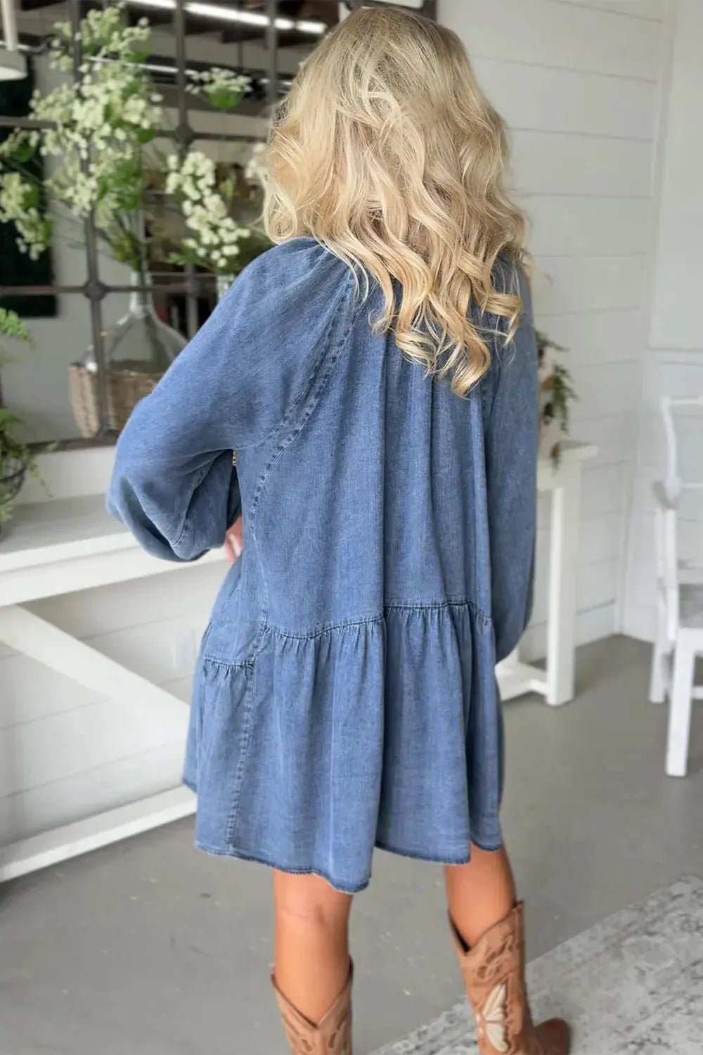Puff Sleeve V Neck Ruffled Denim Dress
