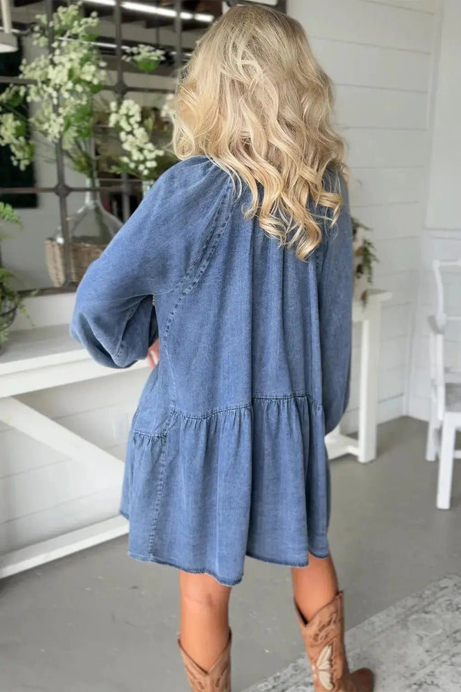 Puff Sleeve V Neck Ruffled Denim Dress - LECCE
