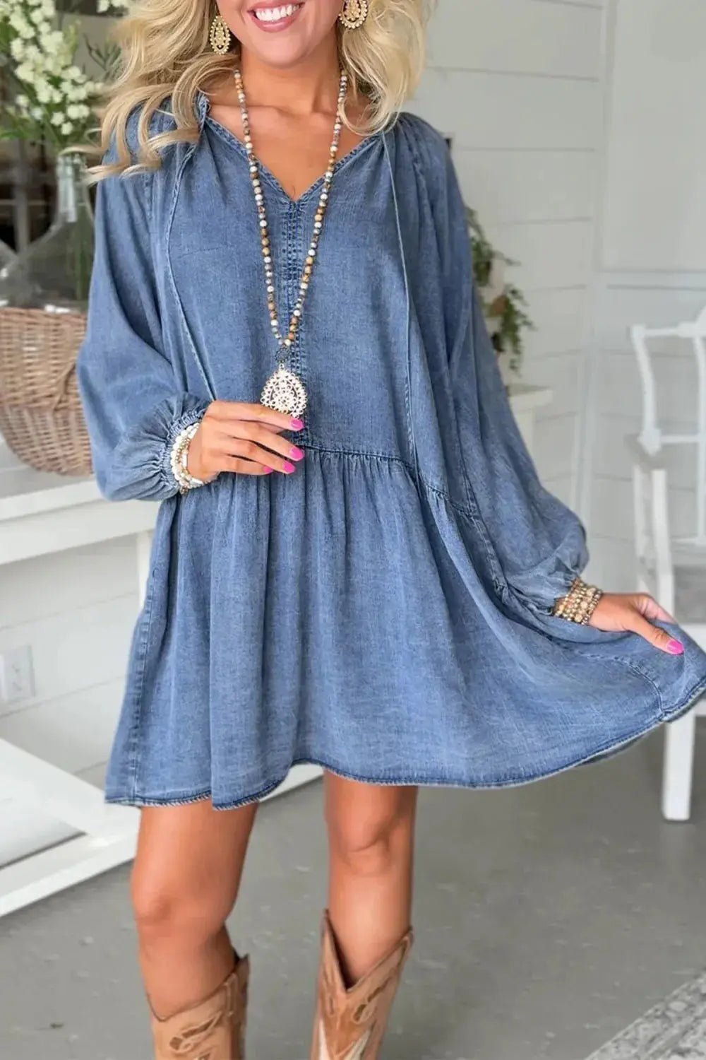 Puff Sleeve V Neck Ruffled Denim Dress