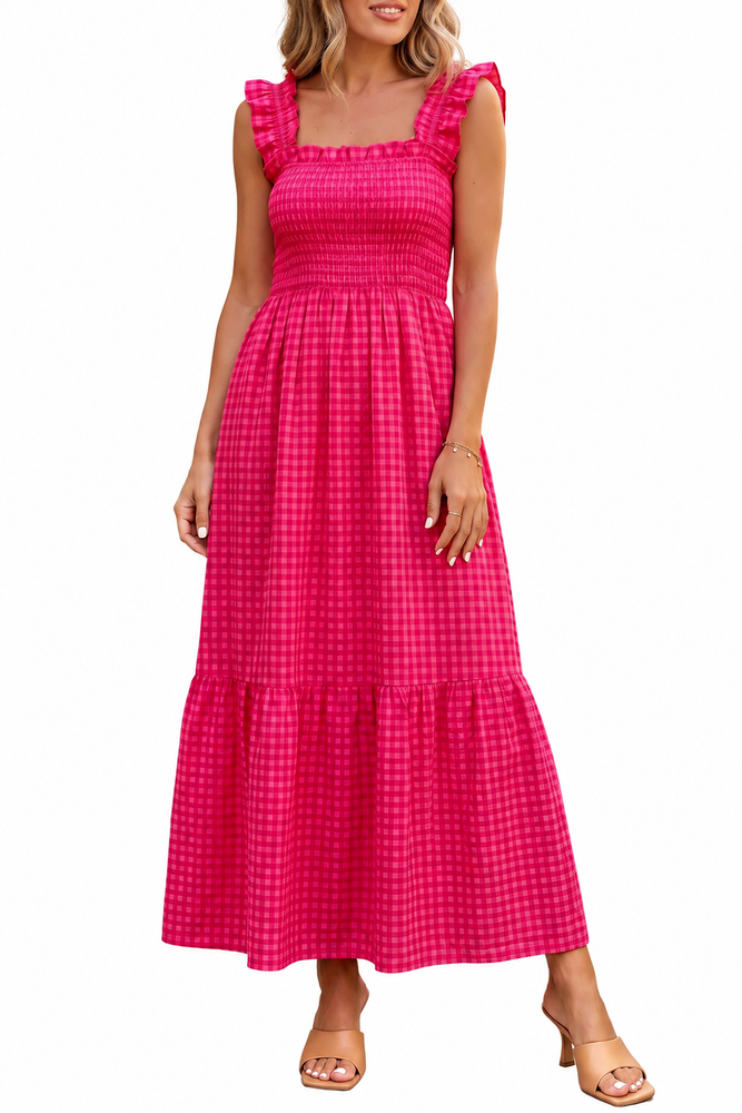 Red Plaid Square Neck Fit-and-flared Vacation Sundress on white background