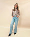 Retro Floral Print Mock Neck Mesh Long Sleeve Top - LECCE
