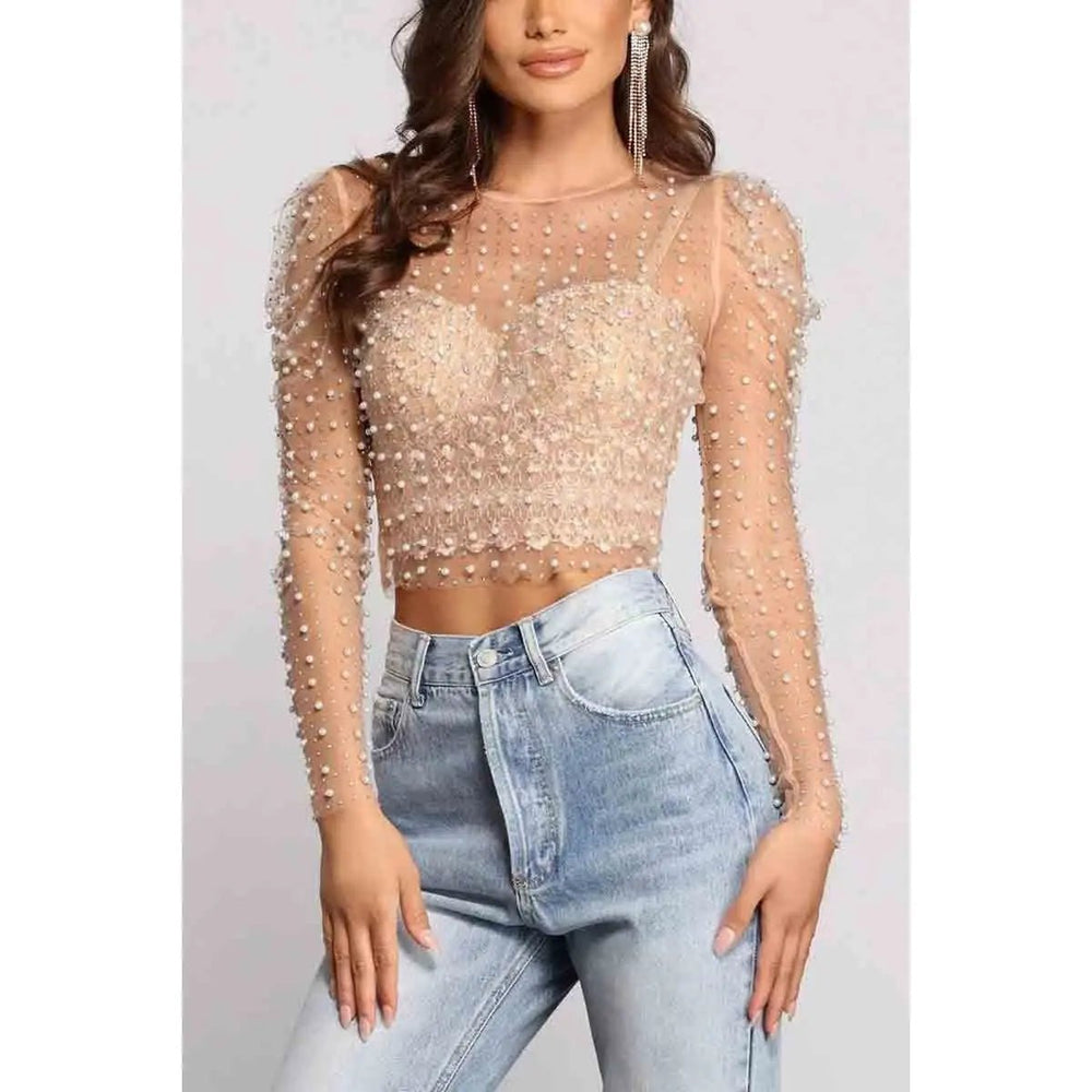 Rhinestone Faux Pearl Puff Mesh Top - LECCE