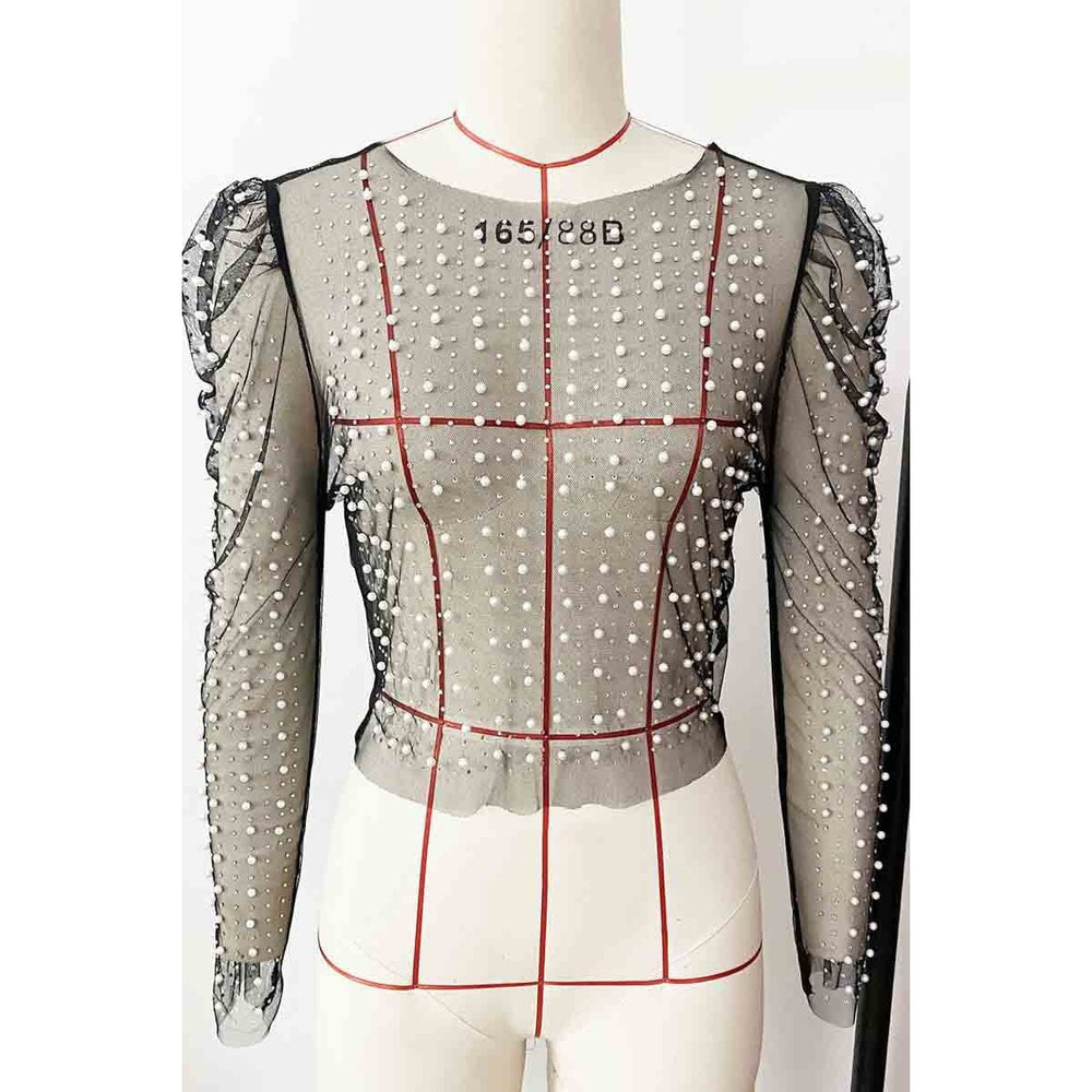 Rhinestone Faux Pearl Puff Mesh Top - LECCE