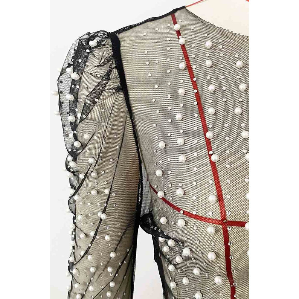 Rhinestone Faux Pearl Puff Mesh Top - LECCE