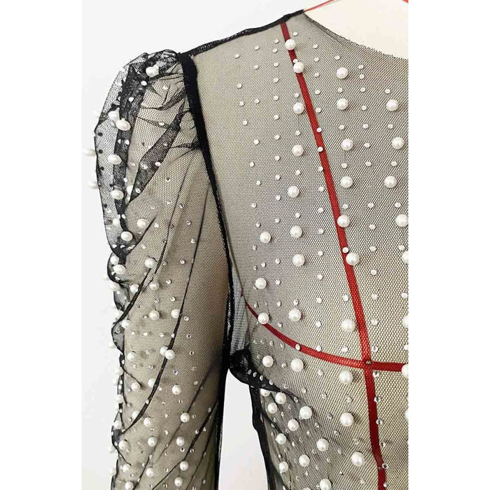 Rhinestone Faux Pearl Puff Mesh Top - LECCE