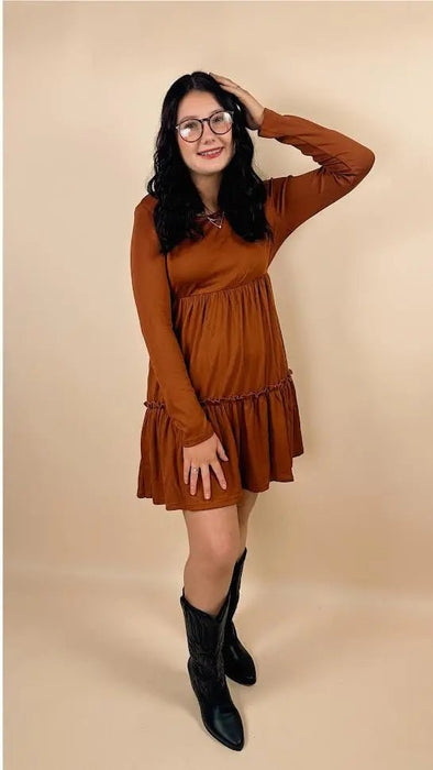 Ribbed Frilled Trim Long Sleeve Mini Dress - LECCE