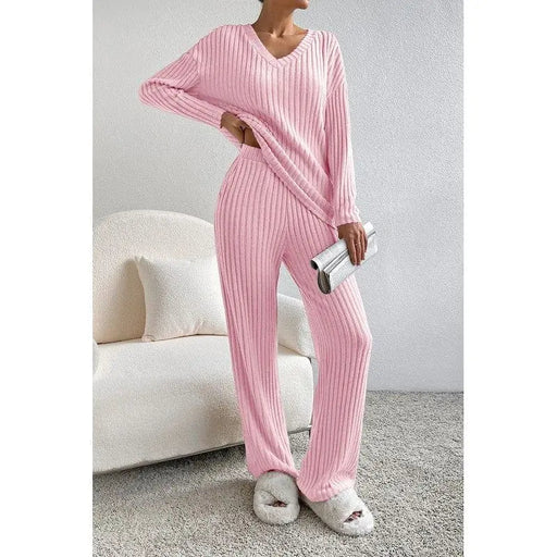 Ribbed Knit V Neck Slouchy Two - piece Outfit - LECCE