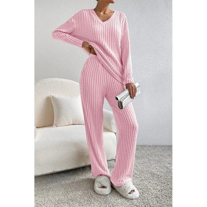 Ribbed Knit V Neck Slouchy Two - piece Outfit - LECCE