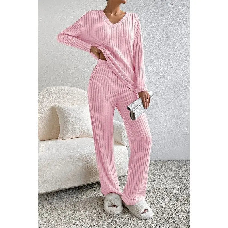 Ribbed Knit V Neck Slouchy Two - piece Outfit - LECCE