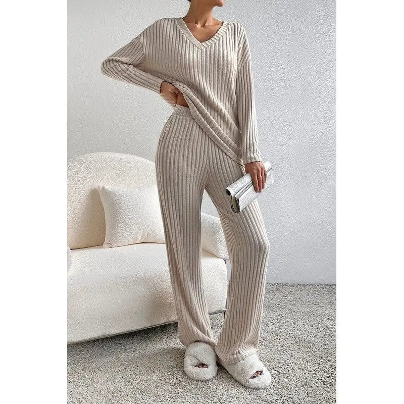 Ribbed Knit V Neck Slouchy Two - piece Outfit - LECCE