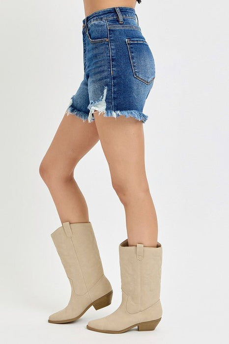 Risen High Rise Side Step Hem Denim Shorts - LECCE