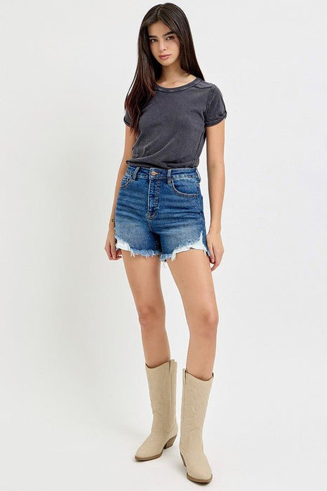 Risen High Rise Side Step Hem Denim Shorts - LECCE