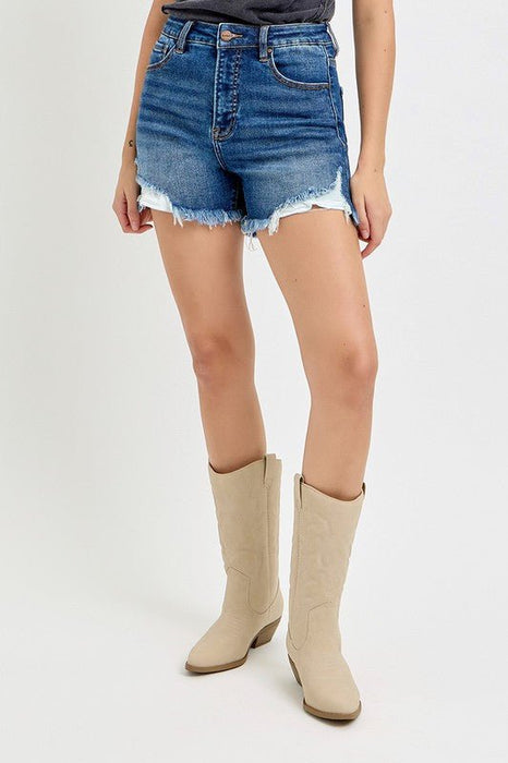 Risen High Rise Side Step Hem Denim Shorts - LECCE