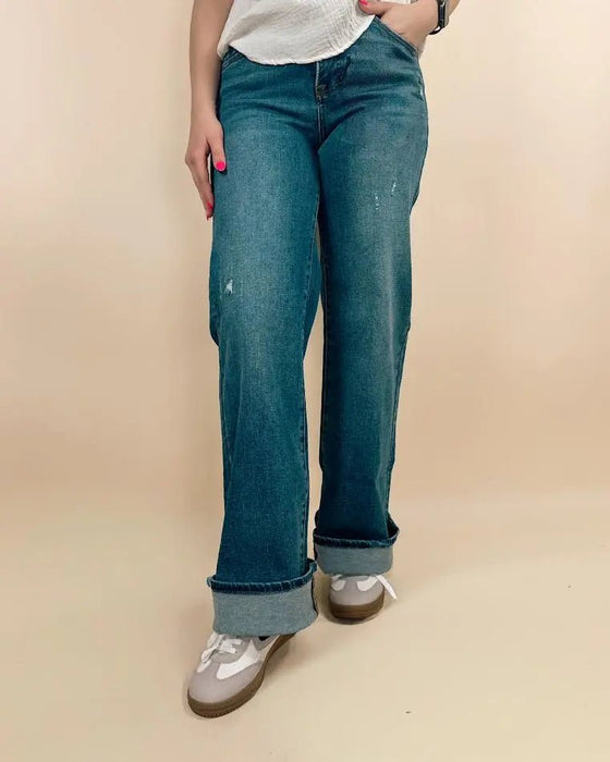 Risen Tummy Control Elastic Band High Rise Wide Jeans - LECCE
