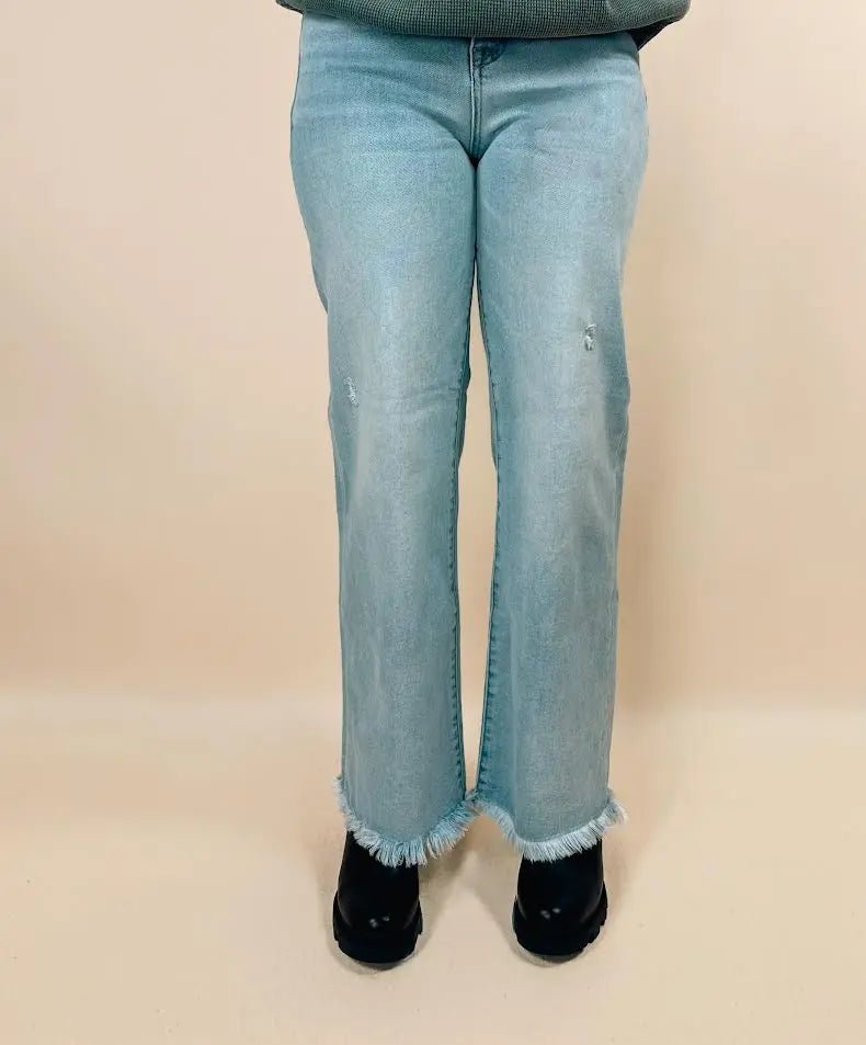 Risen Tummy Control Frayed Hem Mid Rise Jeans