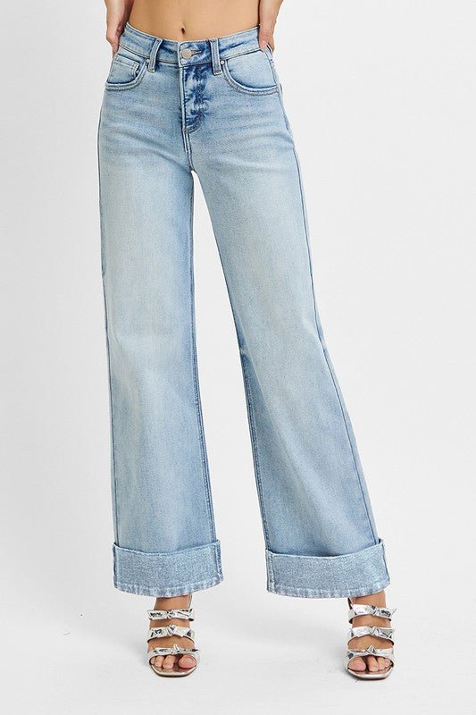 Risen Tummy Control High Rise Ankle Wide Cuffed Jeans - LECCE