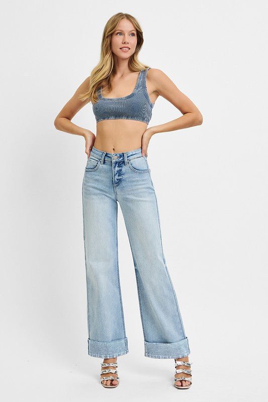 Risen Tummy Control High Rise Ankle Wide Cuffed Jeans