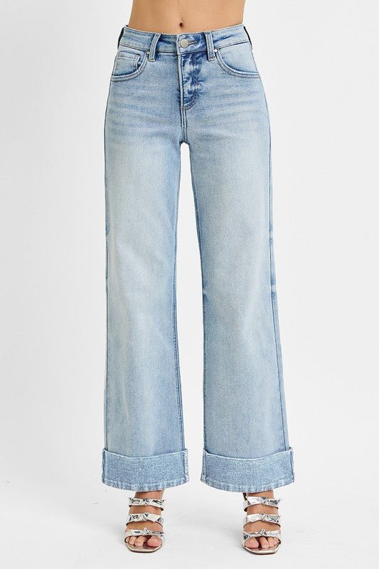 Risen Tummy Control High Rise Ankle Wide Cuffed Jeans