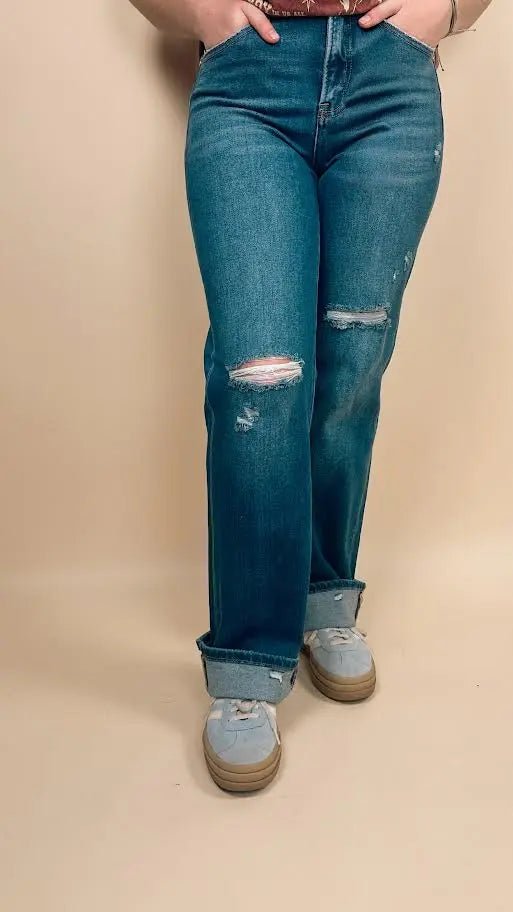 Risen Tummy Control High Rise Straight Leg Distressed