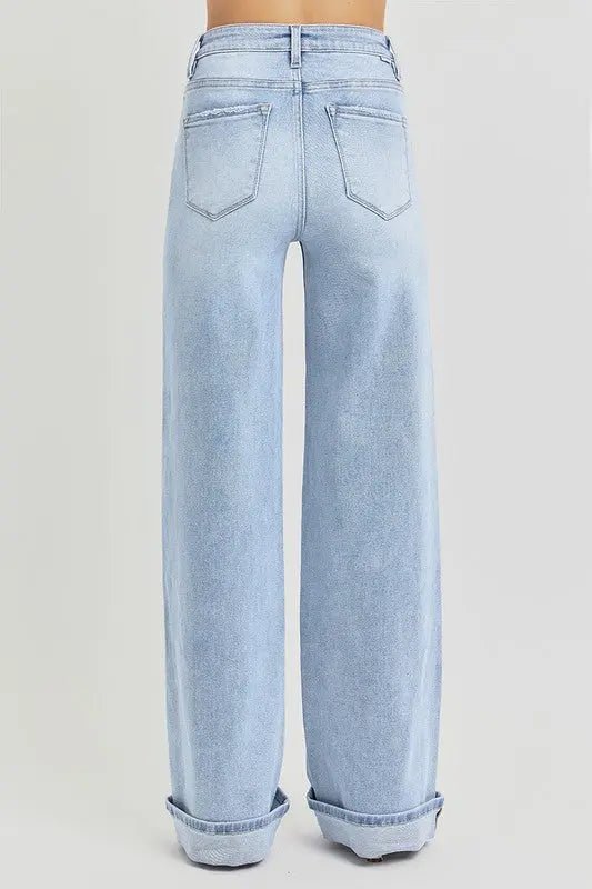 Risen Tummy Control High Rise Wide Cuffed Jeans - LECCE