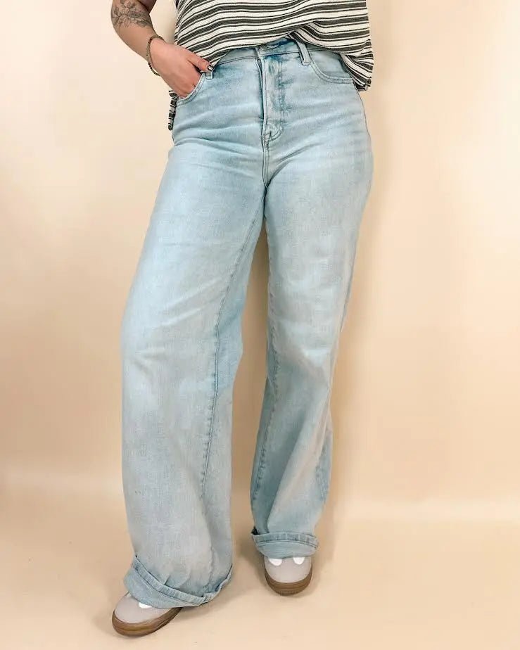 Risen Tummy Control High Rise Wide Cuffed Jeans - LECCE