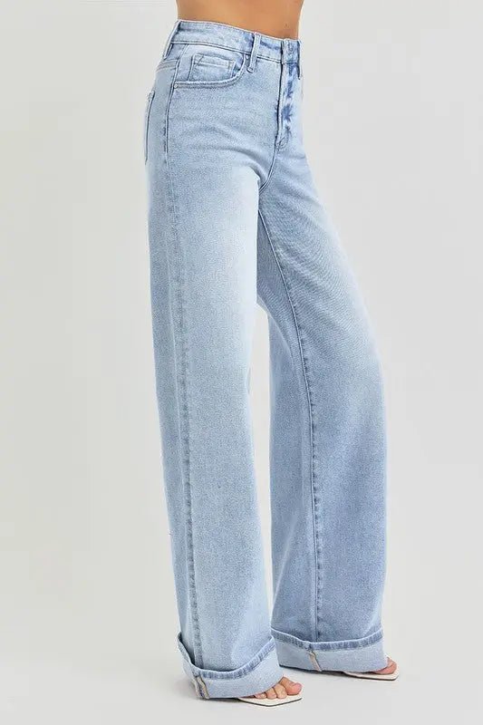 Risen Tummy Control High Rise Wide Cuffed Jeans - LECCE