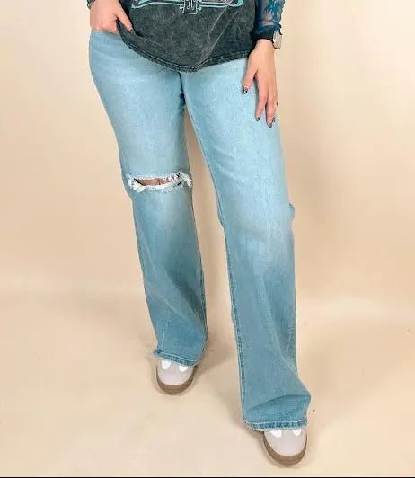 Risen Tummy Control High Rise Wide Leg Knee Distress - LECCE