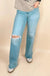 Risen Tummy Control High Rise Wide Leg Knee Distress - LECCE