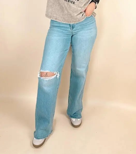 Risen Tummy Control High Rise Wide Leg Knee Distress - LECCE