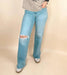 Risen Tummy Control High Rise Wide Leg Knee Distress - LECCE