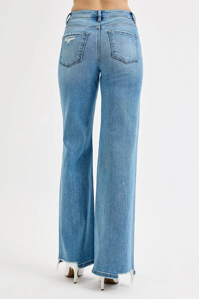 Risen Tummy Control High Rise Wide Leg Knee Distress - LECCE