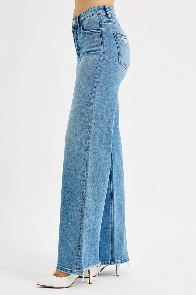 Risen Tummy Control High Rise Wide Leg Knee Distress - LECCE