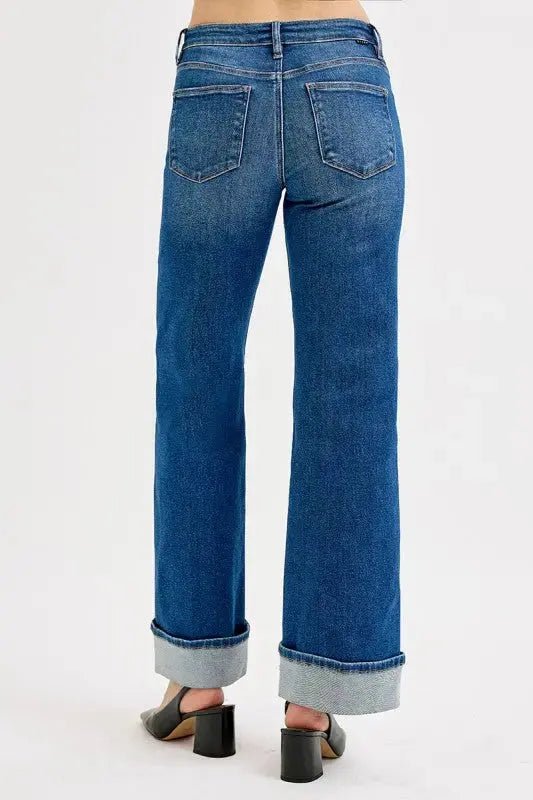 Risen Tummy Control Mid Rise Wide Leg Cuffed Jeans