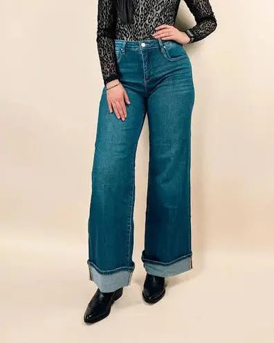 Risen Tummy Control Mid Rise Wide Leg Cuffed Jeans - LECCE