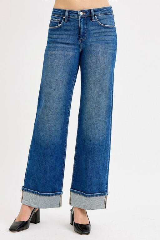 Risen Tummy Control Mid Rise Wide Leg Cuffed Jeans - LECCE