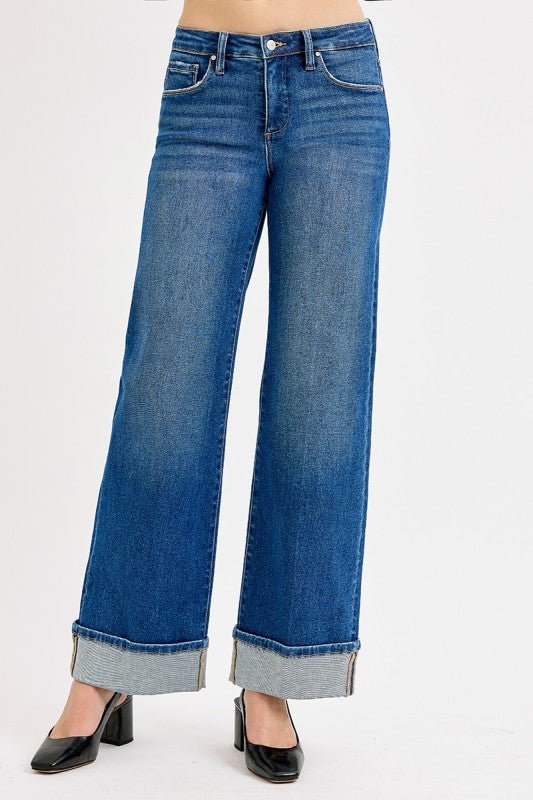 Risen Tummy Control Mid Rise Wide Leg Cuffed Jeans - LECCE